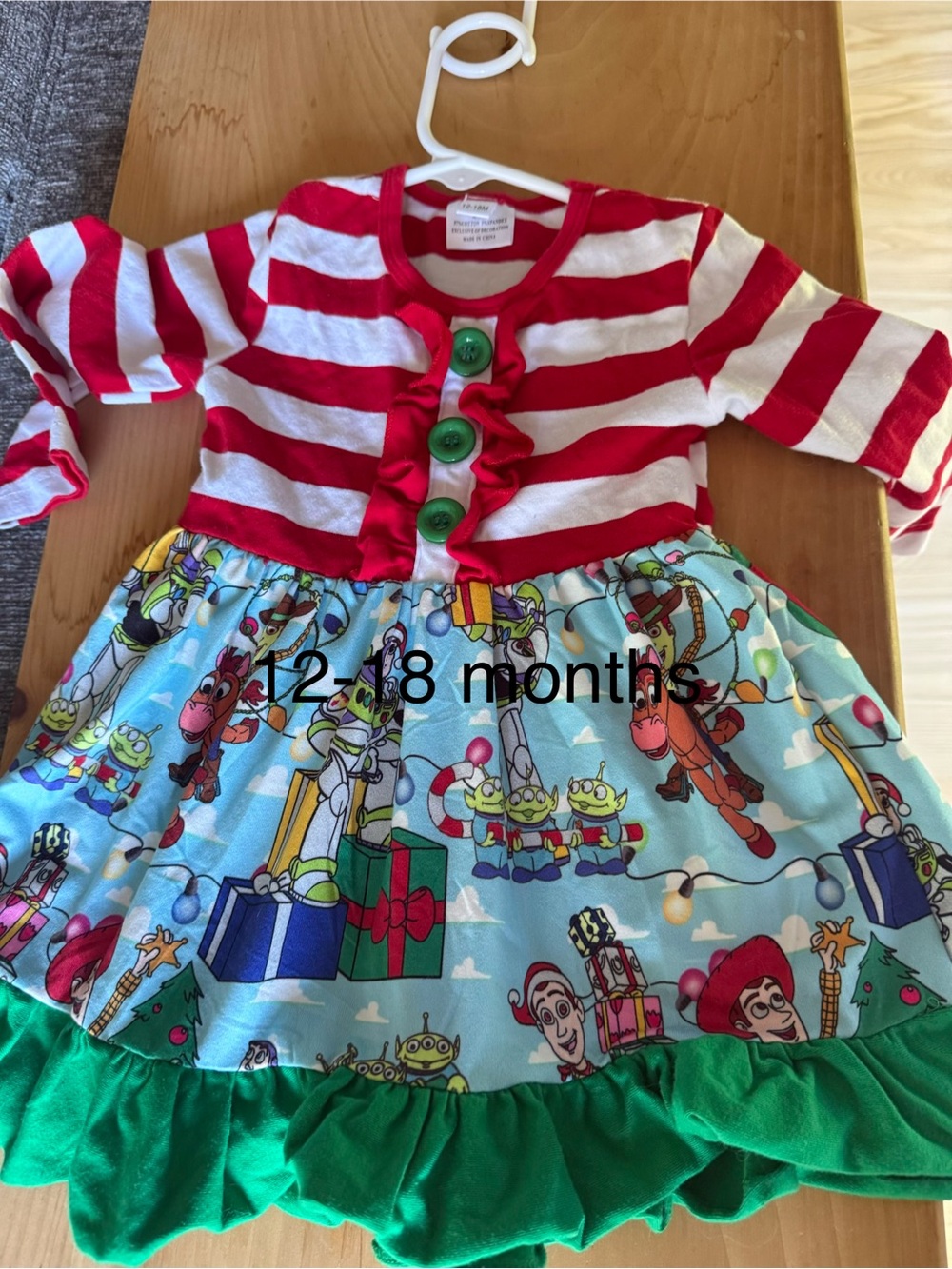 Red & White Striped Holiday Dress with Toy Print